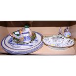 Five oval blue and white pottery meat plates together with various other ceramics, including a