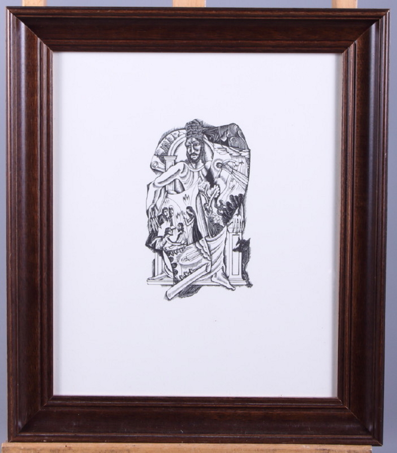 Gill?: a mid 20th century woodcut, Saint Peter, in strip frame