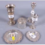 A quantity of silver including a silver topped dressing table jar, a pair of silver pin dishes,
