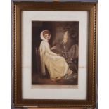 E M Hester: a coloured mezzotint, young lady at a spinning wheel, pencil signed, in gilt frame,