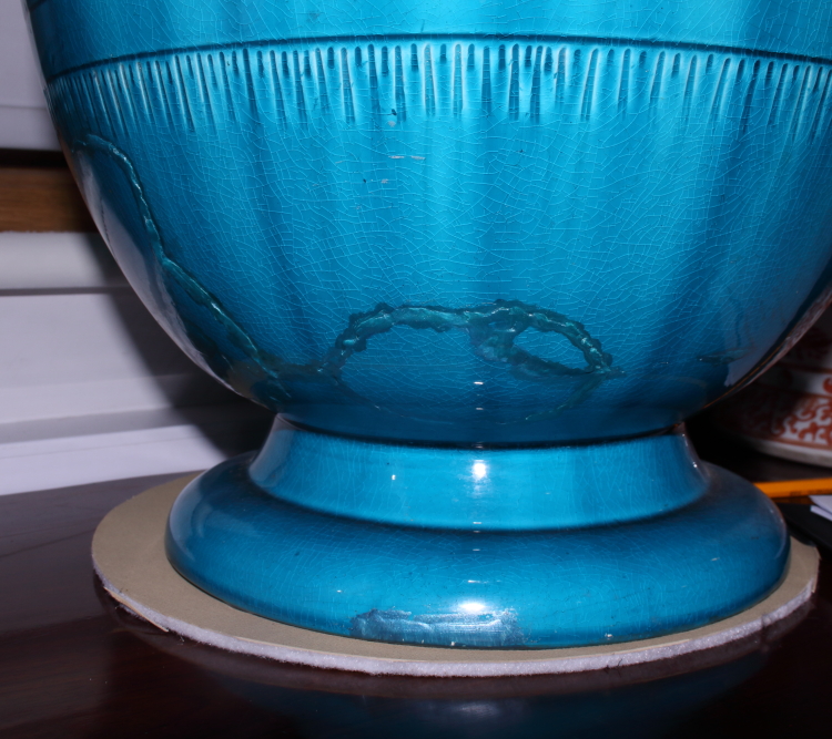 A Burmantofts turquoise glazed three-handled vase (now converted to a table lamp and restored), - Image 6 of 7