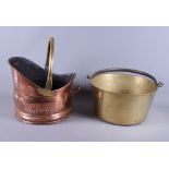 A brass preserve pan and a copper coal scuttle