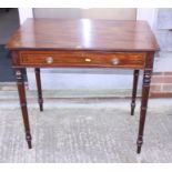 A 19th century mahogany and ebony strung desk, fitted one drawer, on faux bamboo turned supports,