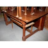 A 19th Century oak library table, fitted three frieze drawers to each side, on turned supports,