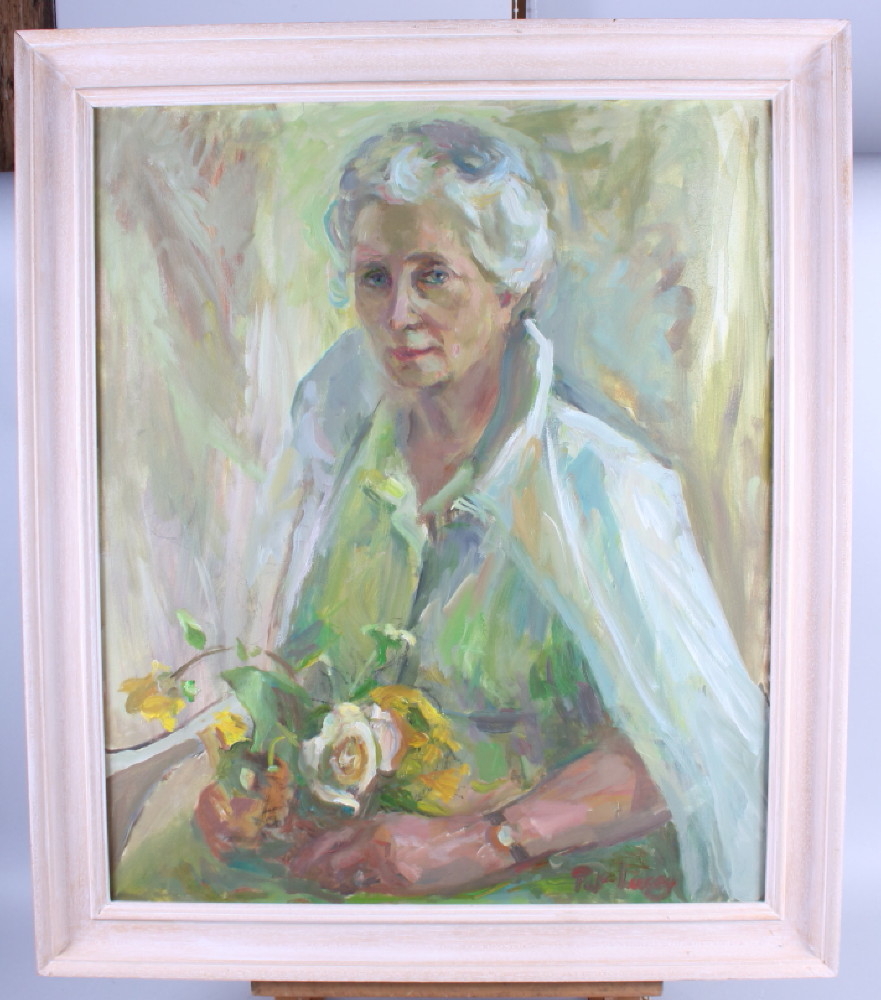 Pat Lucey: oil on canvas portrait of D Simone, 19 1/2" x 23", in painted frame