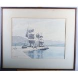 Martin Hardie: watercolours, landscape with haystack, 14 1/2" x 9", and a print sailing ships