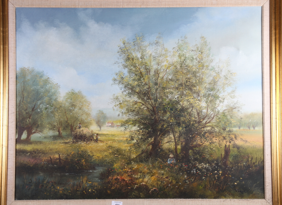 Ted Dyer: oil on canvas, "Hay Making", 28" x 35 1/2", in gilt frame