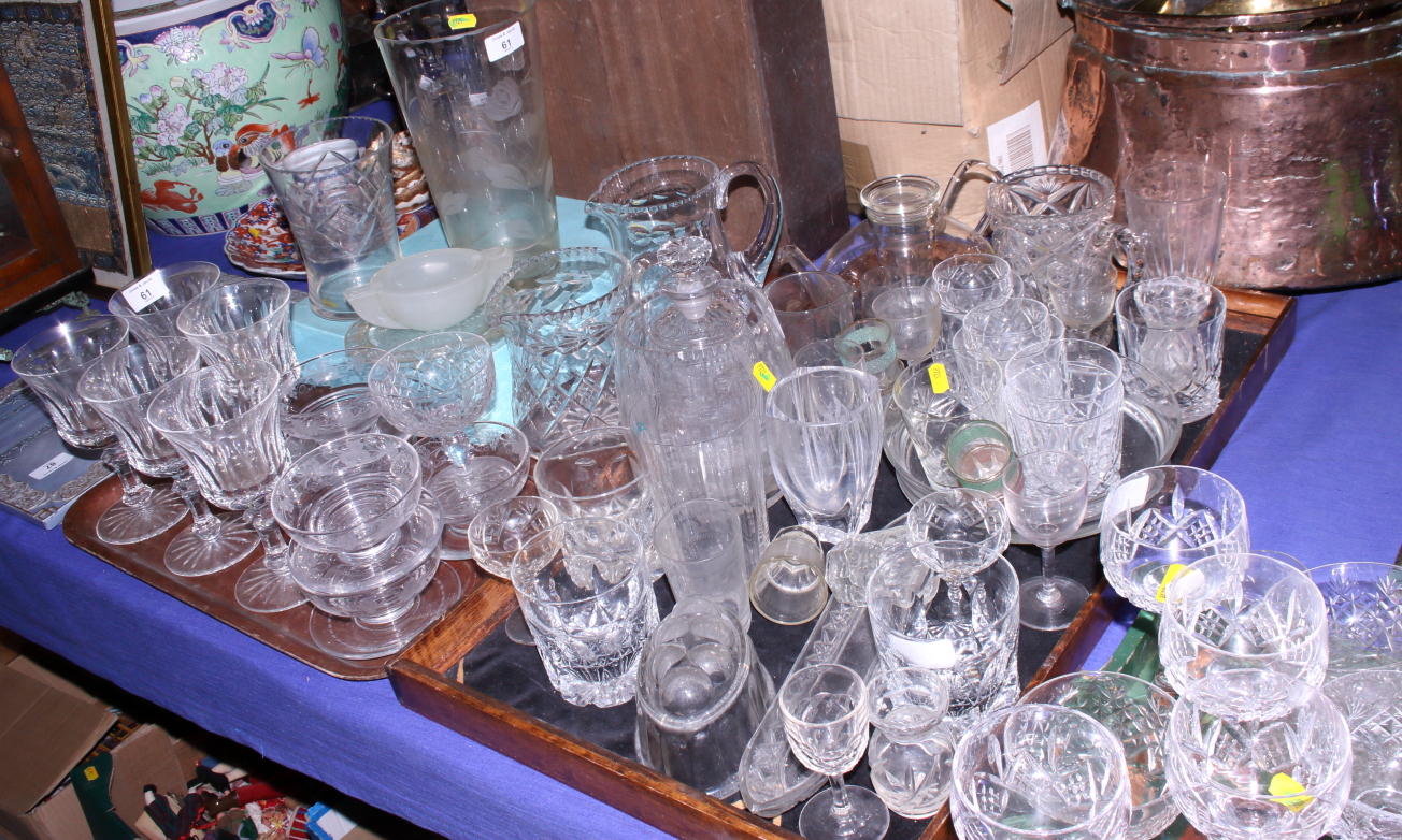 A set of six cut glass hocks, five cut glass goblets and other cut glass wines, vases, etc