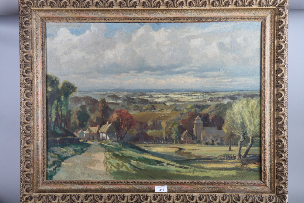 John Wilson: oil on board, landscape with farm buildings, in gilt frame