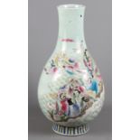 A Chinese bulbous celadon porcelain vase decorated with figures and clouds in polychrome enamel, 17"