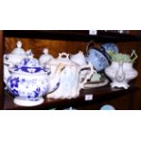 Three 19th century teapots, and other decorative china, various, an ebony bridge of elephants, etc