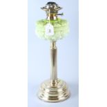 A brass and green and white glass reservoir fluted column table lamp, 20" high