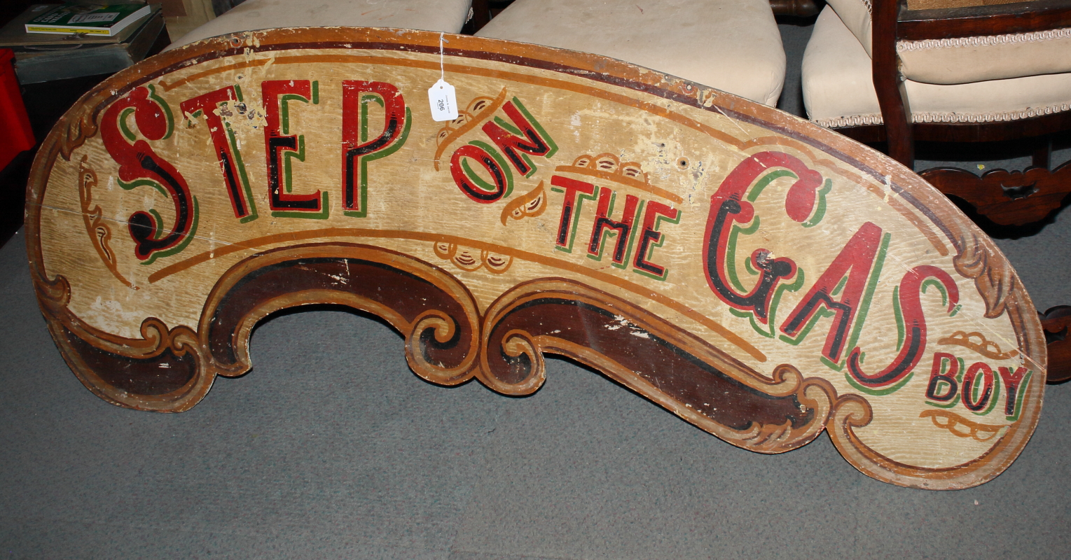 A double-sided fairground sign, "Step on the Gas" and "There's no Limit" verso, 58" long - Image 2 of 2