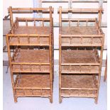 A pair of three-tier bamboo and rattan stands, 17" wide