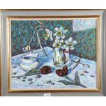 Natalya Alfegava: oil on canvas, still life, tulips and daffodils, 16" x 22", in painted frame,