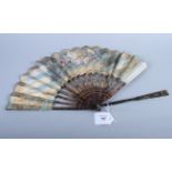 A 19th century chinoiserie gilt highlighted tortoiseshell fan with European painted paper scene, 17"