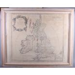 An 18th century hand-coloured map, Britannicae Insulae, dated 1760, in washed strip frame
