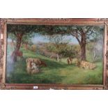 A 19th century oil on canvas, milkmaid in an orchard, 36" x 21.5", in gilt frame