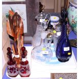 Three 1950s copper vases, a blue glass decanter and other decorative items