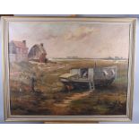 E Tessier: oil on canvas, Norfolk marsh landscape with houseboat, 26" x 20", in gilt frame