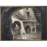 Corrin?: monochrome watercolour study, carriage/wagon in a courtyard, indistinctly signed, 17" x