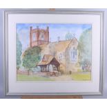 Peter M Joseph: watercolours, cottage scene, church study and four other pictures, framed and