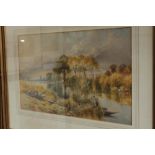 English mid 19th century School: watercolours, river scene with figures in punts, 26" x 16", in gilt