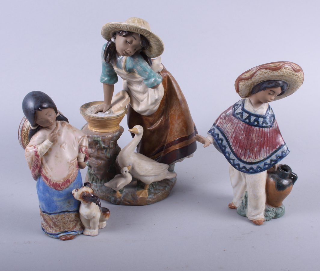 A pair of Lladro figures, Mexican children, and another figure of a young girl with ducks