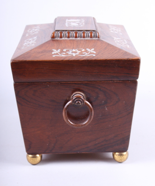 A 19th century rosewood and mother-of-pearl inlaid two-division tea sarcophagus, on ball feet, 8" - Bild 4 aus 4