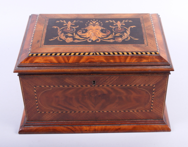 A 19th century floral marquetry two-handled work box, 13" wide