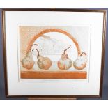 Catherine Grubb: a signed limited edition etching, "Pears at Trevennece", 18/50, in gilt strip