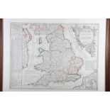 A French late 18th/early 19th century hand-coloured map, Le Royaume D'Angleterre, in oak strip