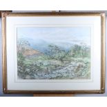 G Hollis Wright, 08: watercolours, river landscape with figures, 20" x 15", in gilt frame
