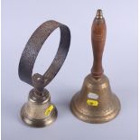 A copper coaching horn, an Angelus bell and a spring-loaded bell