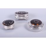 Two silver and tortoise shell ring boxes with pique decoration and a similar powder jar
