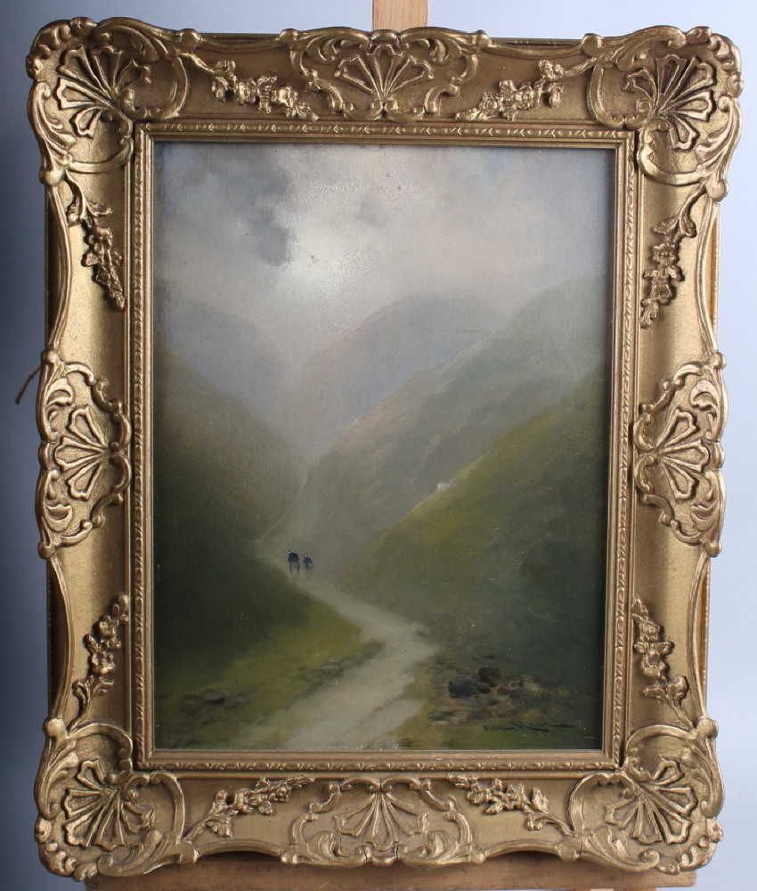 Oil on board, misty mountain scene, 9" x 12", in gilt frame