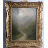 Oil on board, misty mountain scene, 9" x 12", in gilt frame