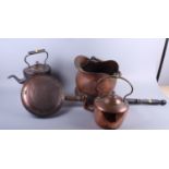 A copper coal helmet, two copper kettles, a brass bell and a copper warming pan