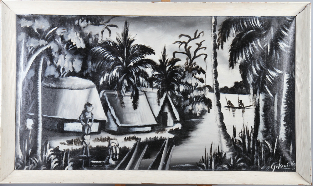 A modern oil on board, beached boat, a similar modern oil, Tahitian village, and one other, - Bild 2 aus 3