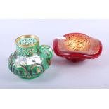 A Murano ruby glass and gold leaf decorated free-form bowl, 7" dia, and a Moser style gilt and