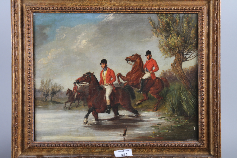 Dalby of Yorkshire?: a 19th century oil on canvas, huntsmen crossing a river, 14" x 19", in gilt