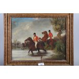 Dalby of Yorkshire?: a 19th century oil on canvas, huntsmen crossing a river, 14" x 19", in gilt
