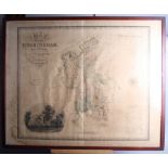 A 19th century map of Buckingham and two colour prints, winter landscapes, in strip frames