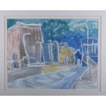 P Tinnen, 1969: watercolours, townscape, 14" x 18", in gilt strip frame, and a watercolour, still