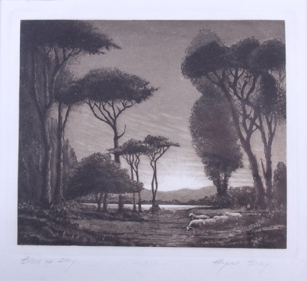 Cyril Gray: aquatint, "Close of Day", Neil Cameron: an etching, Exeter Cathedral, a companion, Wells