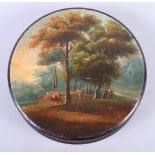 A 19th century papier-mache box, decorated landscape scene, 4" wide