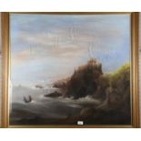 English late 19th century School: pastels study laid on canvas, rocky coastal scene, 36" x 33", in