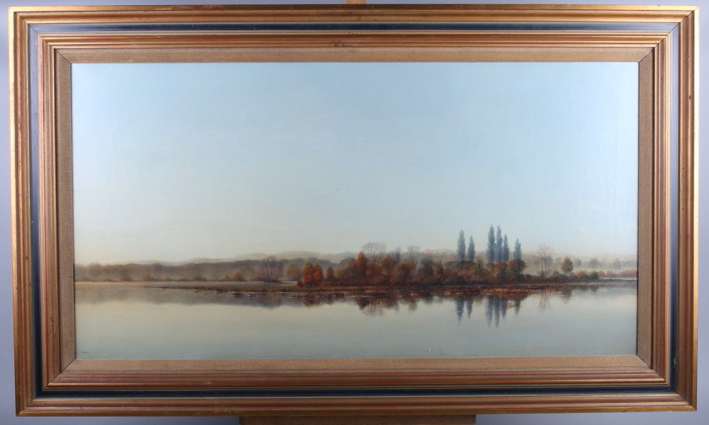 Howes: oil on canvas, river scene in autumn, 29" x 15", in gilt frame