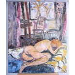 A modern impasto oil, reclining nude in an interior, and two still lives, unframed