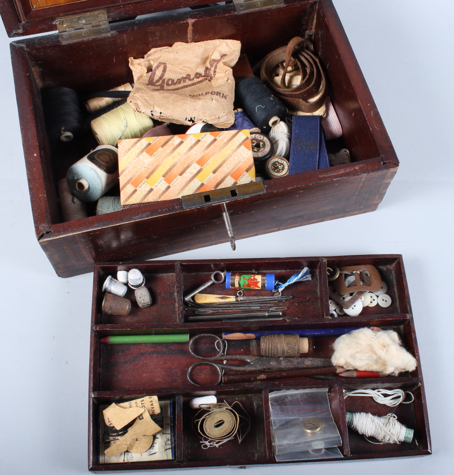 A 19th century mahogany and inlaid workbox with hinged lid enclosing fitted tray and assorted sewing - Image 3 of 5